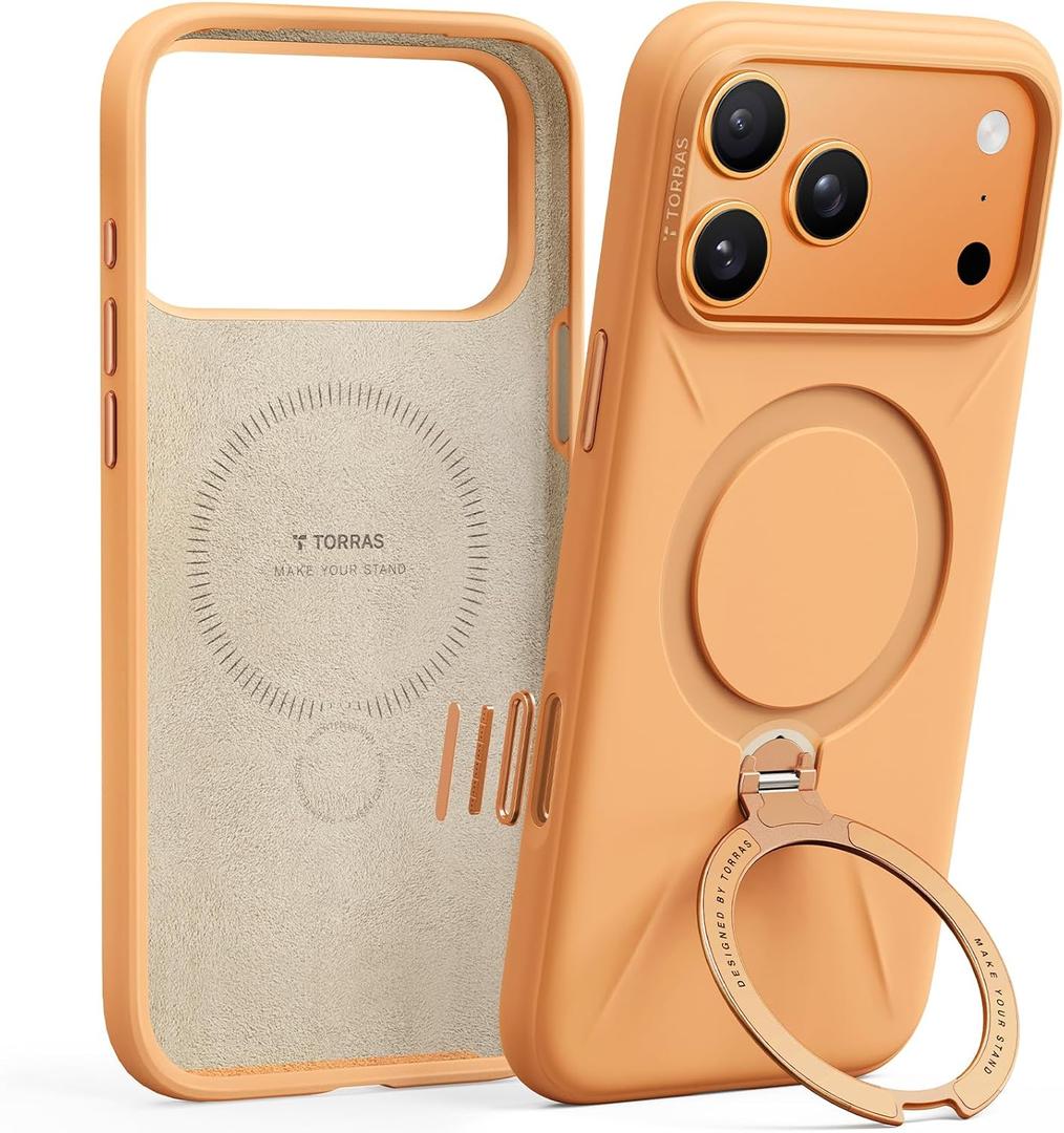 TORRAS Q3 Silicone 360 Spin for iPhone 17 Pro Case with Stand, Fit for MagSafe, Magnetic Ring Stand with Camera Control, Liquid Silicone Rubber Soft Phone Case for iPhone 17 Pro 6.3'', Pastel Orange