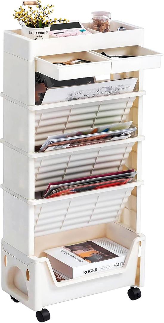 AGTEK 5 Tier Rolling Utility Cart, Book Cart with Wheels, Office Book Carts with Divided Top Shelf for Organizing Books and Supplies in Home, Office, Classroom, White