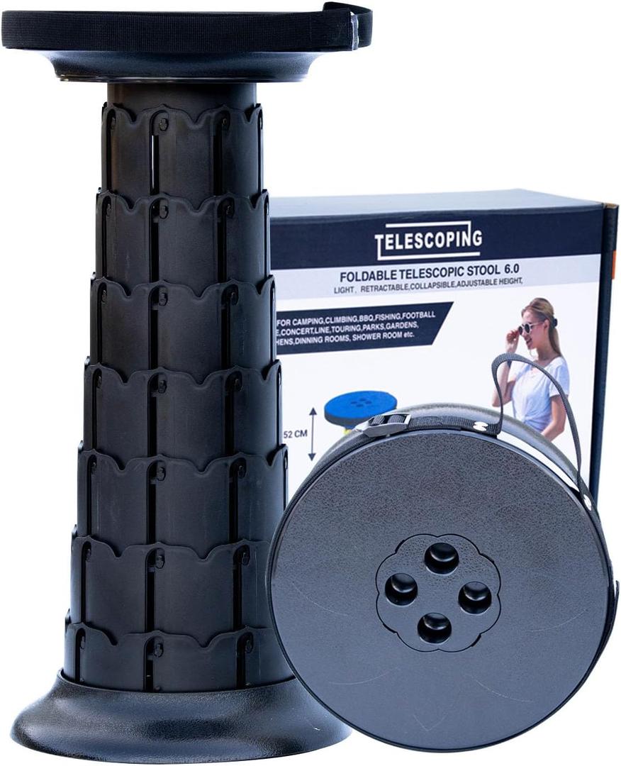 Telescopic Stool,20.4" Portable Seat, Collapsible Chair with Carabiner for Camping/Fishing/Hiking/BBQ/Music Festival - Max Capacity 770lbs (Black)