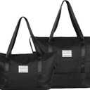 Foldable Travel Duffle Bag, Waterproof Weekender Carry On Tote Bags for Women Men, Sport Gym Hospital Bag for Labor Delivery, Handheld Luggage Bag with Trolley Sleeve, Black,1 Pack