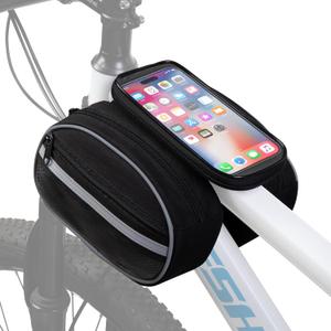 Smasrob Bike Frame Bag with Detachable Touchscreen Phone Window, 4 Zipper Pockets, Bicycle Handlebar Bag with Night Reflective Strips, Black