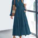 Women's Long Sleeve Maxi Dress with Pockets Spring Fall 2026 V-Neck Flowy Casual Wedding Guest Dress Elastic Waist (L)