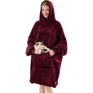Krifey Wearable Blanket Hoodie, Oversized Sherpa Hooded as Birthday Gifts for Mom Women Girlfriend Men, Cozy Sweatshirt with Giant Pocket (Burgundy)