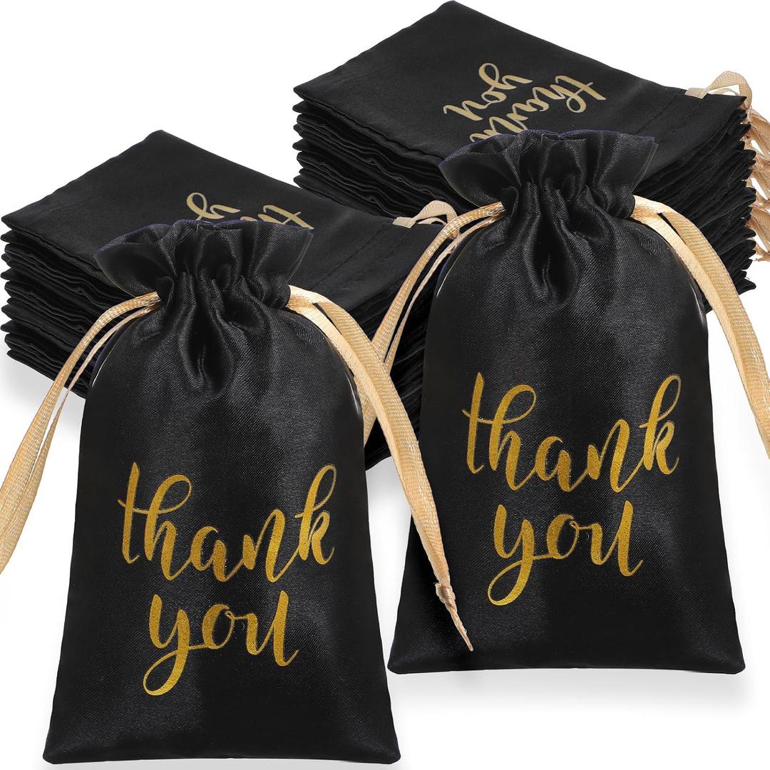 Kegeeei 60 Pcs Thank You Satin Gift Bags with Drawstring, 6x4 Inch Jewelry Candy Pouches for Christmas Wedding Birthday Holiday Party Favors, Black, 1 Count