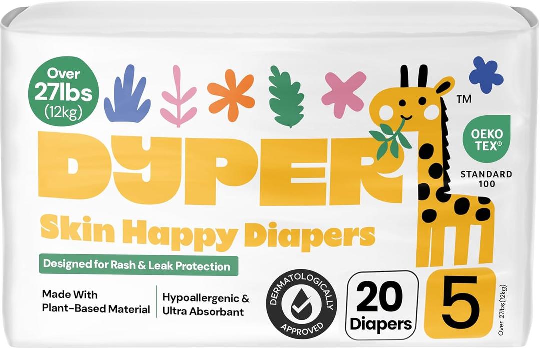 DYPER Baby Diapers Size 5 (20 Count)  Plant-Based, Hypoallergenic, Fragrance-Free & Ultra Absorbent Disposable Diapers for Day and Overnight Skin Protection, Single Pack Size 5 Diapers