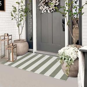 Boho Striped Front Door Mat Outside Entrance 2x4.3,Green and White Washable Porch Rug Runner,Cotton Hand Woven Indoor Outdoor Rugs,Foldable Farmhouse Layered Door Mats for Entryway