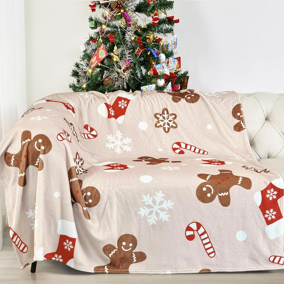 Estmy Cute Gingerbread Man Christmas Throw Blanket 60x80, 300GSM Soft Warm Flannel Boho Aesthetic Funky Winter Snowflake Holiday Christmas Xmas Throw Blanket for Couch Bed Living Room Bedroom (Champagne Pink)
