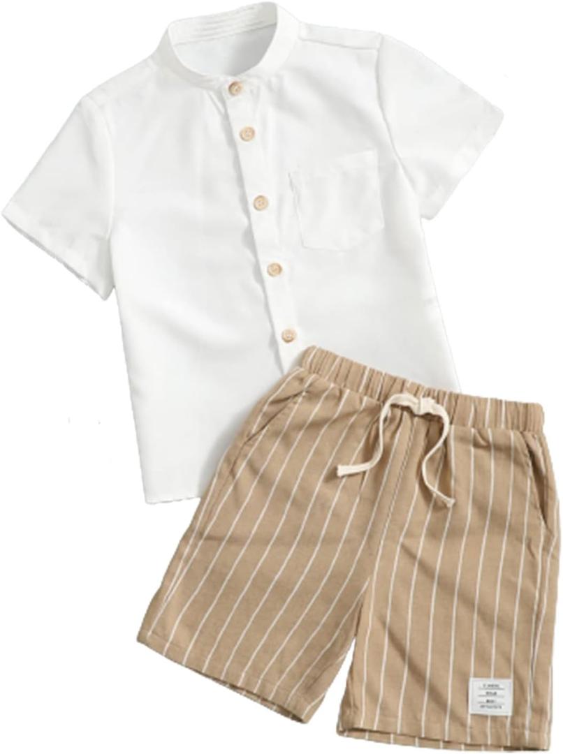 Verdusa Toddler Boy's 2 Piece Outfits Linen Set Striped Short Sets Button Up Shirt and Shorts Clothes Sets Size 5Y