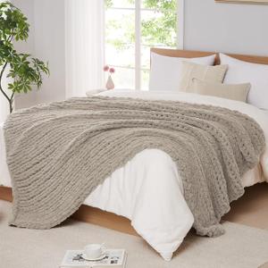 L'AGRATY Chunky Knit Blanket Throw: 50''x60'' Chenille Chunky Knitted Throw Blanket for Bed Couch - Handmade Thick Big Cable Knit Blanket - Large Crochet Rope Blanket for Home Decor(Light Linen)