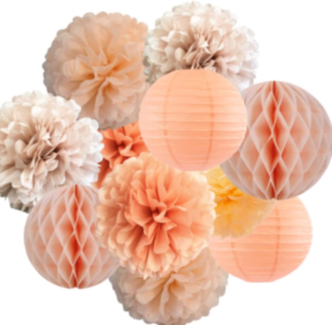 Pastel Orange Color Hanging Decorations Tissue Paper Flower PomPoms and lantern for Bridal Baby Shower Bachelorette Birthday Party Decor (Peach + Orange)