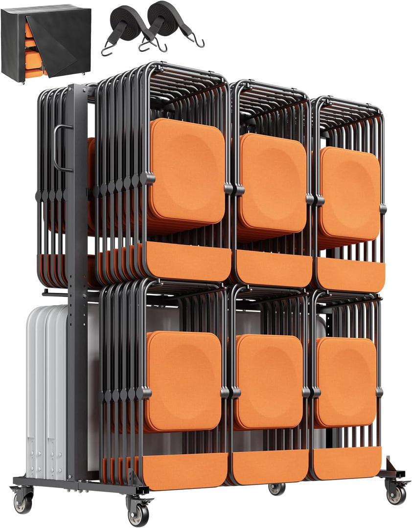 VEVOR Folding Chair Rack, 800 LBS Capacity, Heavy-Duty Chair Cart for 84 Chairs/ 12 Tables+42 Chairs, Dual-Layer Chair Storage Dolly with Rubber Wheels and Holders, Large Chair Holder, Matte Black
