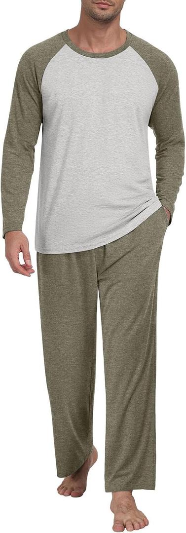 Men's Pajamas Set Sleepwear Pjs Lightweight Long Sleeve Pjs Soft Comfy Sleep Sets with Pockets (Medium, Khaki-Light Gray)