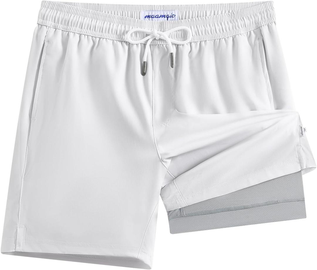 maamgic Mens Swim Trunks with Compression Liner 7 Inch Inseam Mens Bathing Suit Quick Dry Swimming Trunks Swimsuit (XX-Large, White)