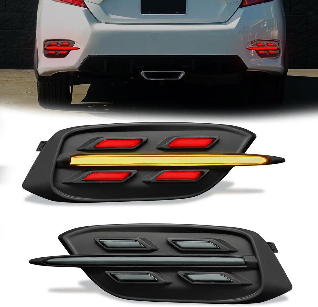 LED Rear Bumper Reflector Lights for 2016-2021 10th Gen Civic LX EX Sedan, Tail Brake & Reverse Lights with Dynamic Sequential Turn Signals and Start-Up Animation, Smoke Lens,1 Pair