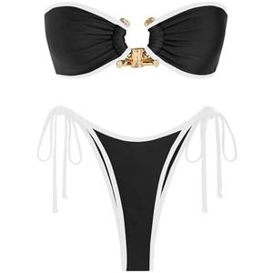 ZAFUL Metal Ring Bandeau Bikini Set Tie Side Bathing Suit High Cut 2 Piece Swimsuit Cutout Swimwear Size XS