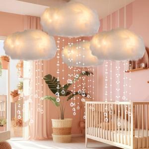 Marsui Artificial Cloud Props Imitation 3D Cotton Cloud Ceiling Light Hanging Decorations with Hanging Acrylic Raindrop for Room Ceiling Wall Baby Shower Party Wedding Nursery Classroom Decor(4 Pcs)