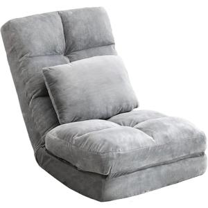 Indoor Chaise Lounge Sofa, Floor Chair with Back Support for Adults, 14 Angle Adjustment Recliner Chair, Folding Floor Lounger with Pillow (Grey), 18.9D x 22W x 27H in
