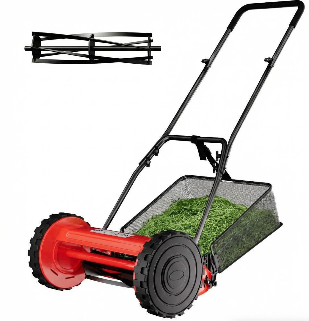 Garvee 16" Cordless Manual Reel Lawn Mower, Walk-Behind Push Mower with 5-Blade Cutting System, Durable Steel Frame, Adjustable Cutting Height, Comfort Grip Handle & 7.9-Gallon Grass Catcher
