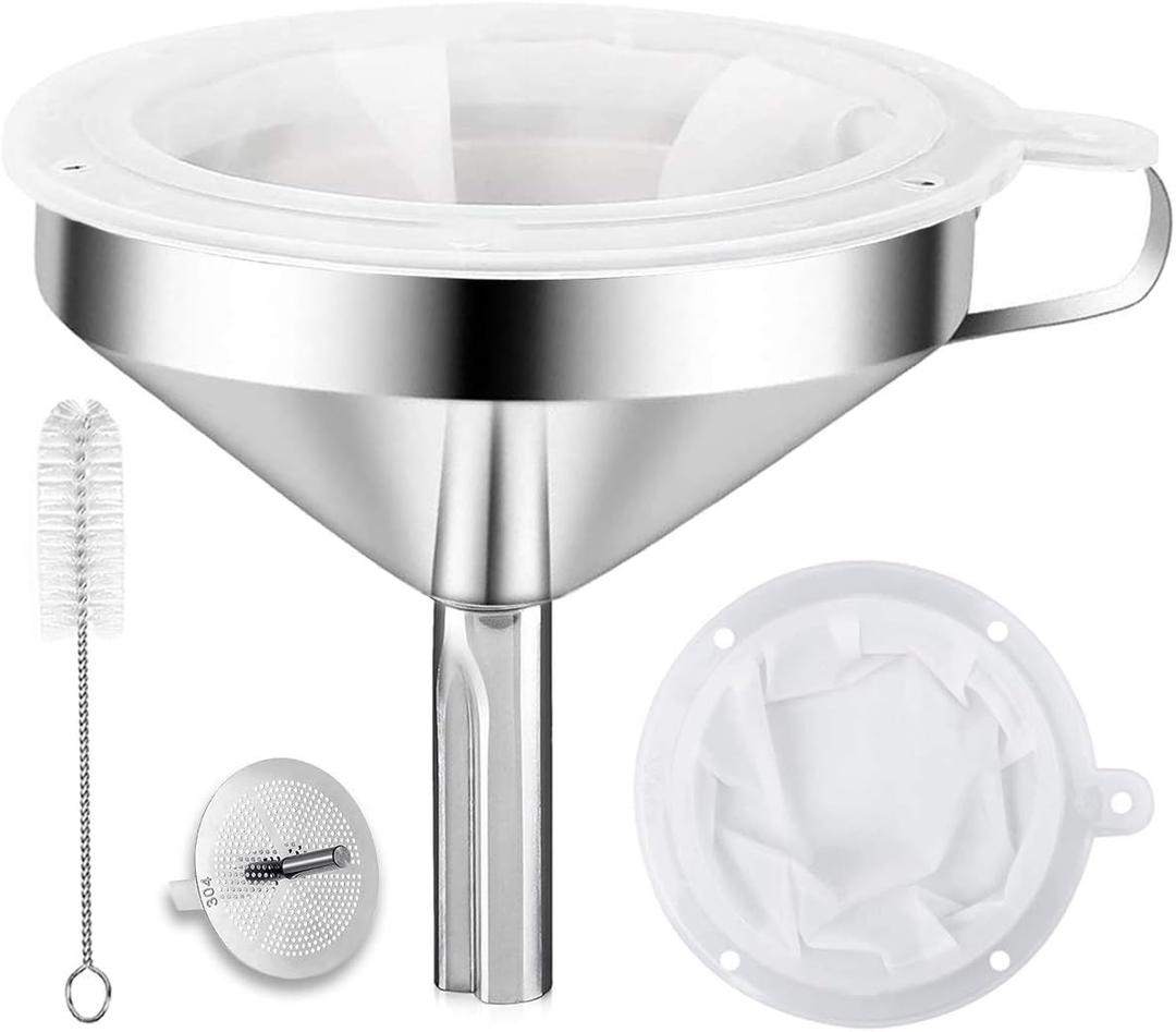 Kitchen Funnel for Filling Bottles, 304 Stainless Steel Food Funnels with Strainer and 200 Mesh Filter, Metal Funnel Set for Transferring Canning Oil Coffee
