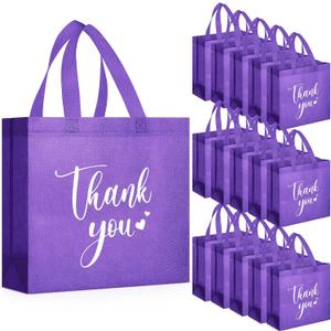 Sweetude 30 Pcs Thank You Gift Bags with Handles, Reusable Non Woven Foldable Goodie Bags Bulk for Graduation Teacher Appreciation Wedding Bridesmaid Favors(11 x 12 x 5 Inch,Dark Purple)