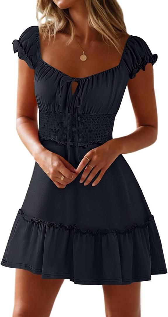 Caracilia Women's Summer Casual Sleeveless Sweetheart Neckline Mini Dress 2025 Smocked Boho Beach Vacation Short Sundress Navy Blue Medium