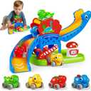 Toddler Toys Gifts for 1 2 Year Old Kids, Educational Dinosaur Slide Toy with 4 Cars for 12-18 Months Baby, First Birthday Christmas Gifts for Aged 1-3 Year Old, Push Car Track Toy for Boys Girls