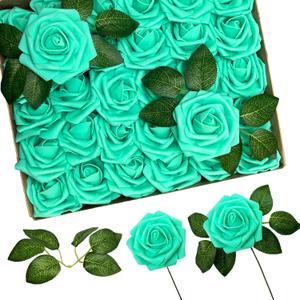 30Pcs Rose Artificial Flowers, Teal Foam Roses with Stems, Real Looking Fake Flower for DIY Wedding Bridal Bouquets, Bridal Shower, Arrangements Party Table Centerpieces Decor
