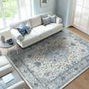 Area Rugs 6'x9' Washable Non-Slip, Floral Vintage Distress Print Pattern Medallion Carpet for Living Room Bedroom Dining Room, Light Blue Navy Beige Gray White