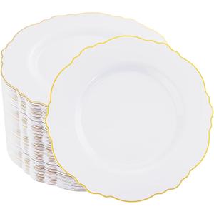 WDF 60pcs Gold Dessert Plates-7.5inch Baroque White and Gold Small Dessert Plates/Disposable Salad/Appetizer Plate for Upscale Bridal Shower/Wedding/Birthday