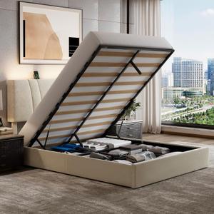 Novilla King Lift Up Storage Bed Frame/Charging Station/LED Light, White