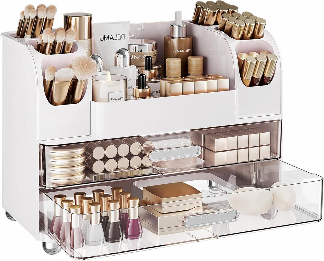 Delamu Makeup Organizer Countertop with 6 Brush Holder, Bathroom Countertop Organizer with 2 Large Drawers, Cosmetic Display Case for Vanity, Ideal Christmas Gifts for Women Girls, Light White