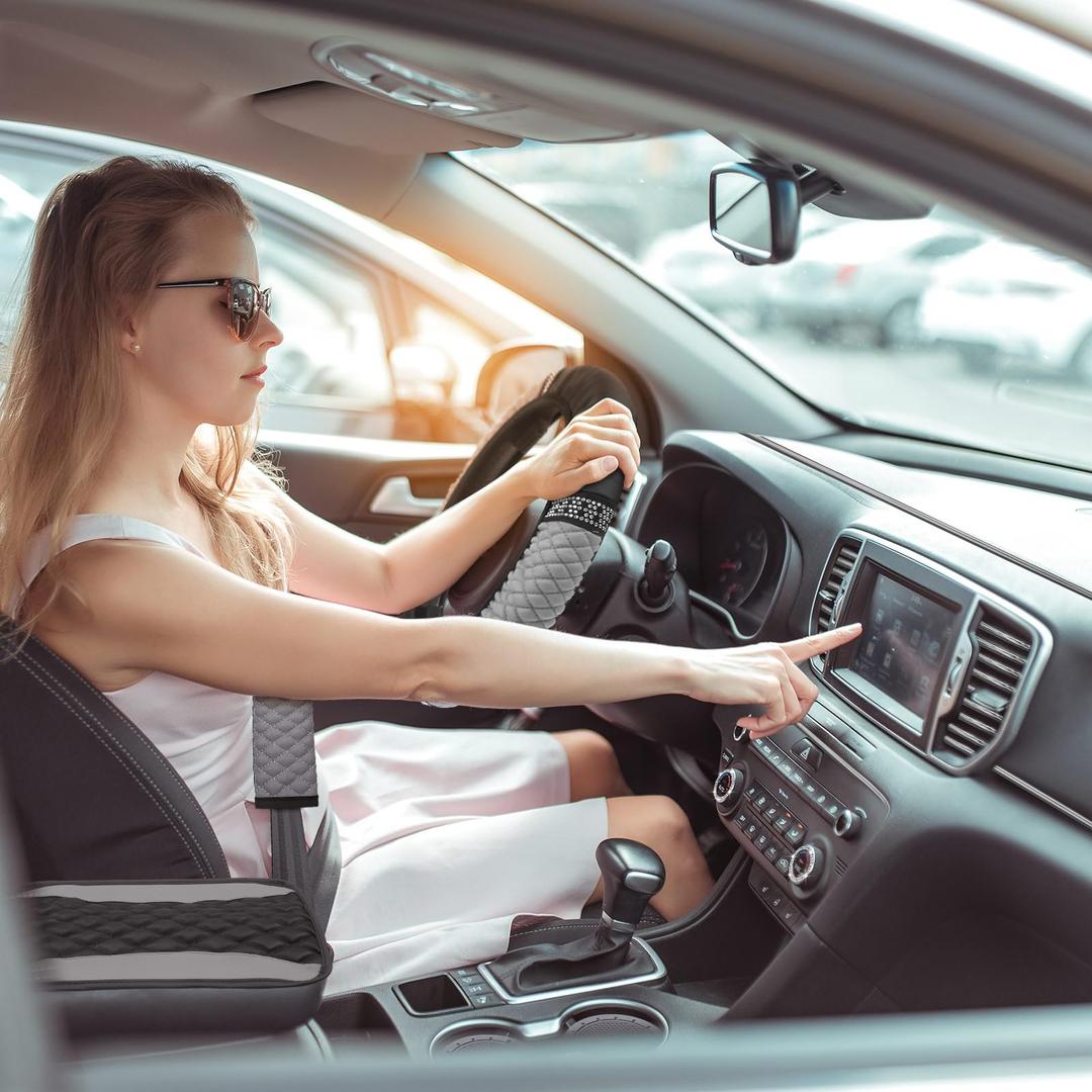 BBTO 43 Pcs Car Accessories Set for Women Front Seats and Rear Bench Polyester Car Seat Protectors Wheel Cover Seat Floor Mats Full Crystal Automotive Interior Decor(Gray and Black)