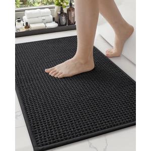 Color&Geometry Chenille Pile Bathroom Rugs Upgraded Denser, 17"x29.5" Non Slip Absorbent Black Bath Mats for Bathroom Thin Fit Under Door, Washable Quick Dry, Standard Sized
