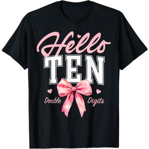Hello Ten Double Digits Cute Coquette Bow 10th Birthday Girl T-Shirt, M Hello Ten Double Digits Cute Coquette Bow 10th Birthday Girl T-Shirt, M