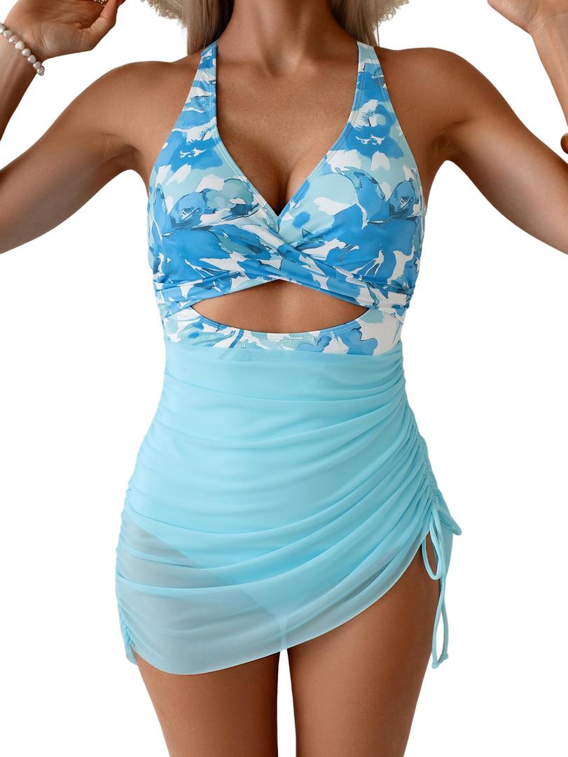B2prity Women Mesh One Piece Swimdress Swimsuit Tummy Control V Neck Cutout Bathing Suit Wrap Drawstring Sarong Swimwear, S