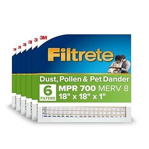 Filtrete 18x18x1 AC Furnace Air Filter, MPR 700, MERV 8, Tough on Pollen, Easy on Airflow, 3-Month Pleated 1-Inch Electrostatic Air Cleaning Filter, 6-Pack (Actual Size 17.81 x 17.81 x 0.81 in)