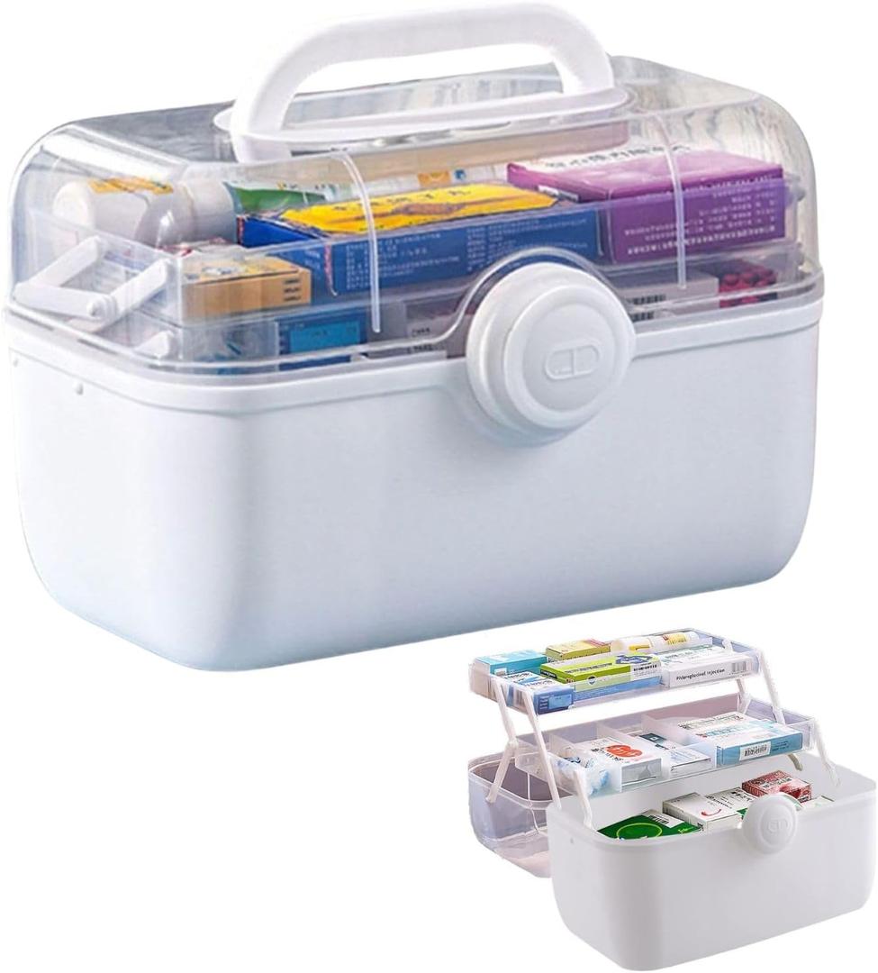 3-Tier Medicine Storage Box with Removable Pill Case & Handle, Portable Medical Containers Chest, Empty First Aid Box for Medicine, Family Emergency Kit, Small Staff- Home Office Travel use ( White )