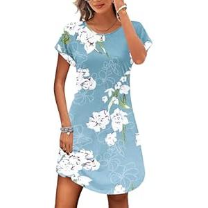 PLOKNRD Sundresses Women Short Sleeve Summer Tunic Dress Casual Swing Cotton Cover Ups Vacation, Flower Light Blue-2XL 