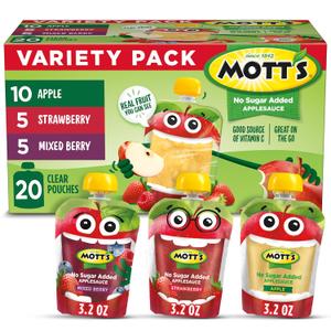 Mott's No Sugar Added Applesauce Variety Pack, 3 Flavors Apple, Strawberry & Mixed Berry, Made from Real Fruit, No Artificial Flavors, 3.2 oz Clear Pouches, 20 Pack, Best By: 10/08/2025