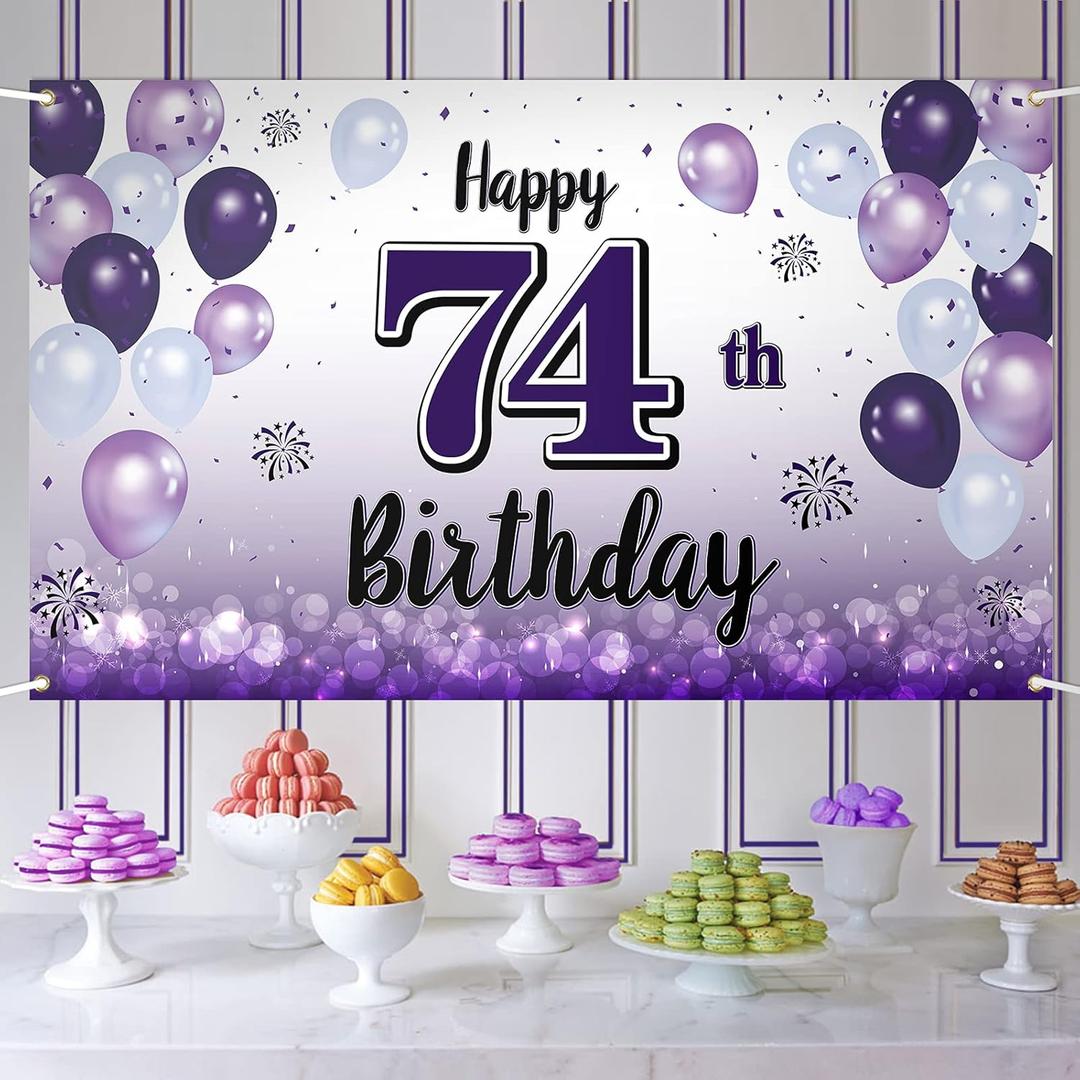 Happy 74th Birthday Decorations,74th Purple Balloon Large Birthday Banner Backdrop Sign - Cheers to 74 Years Old Bday Party Supplies.