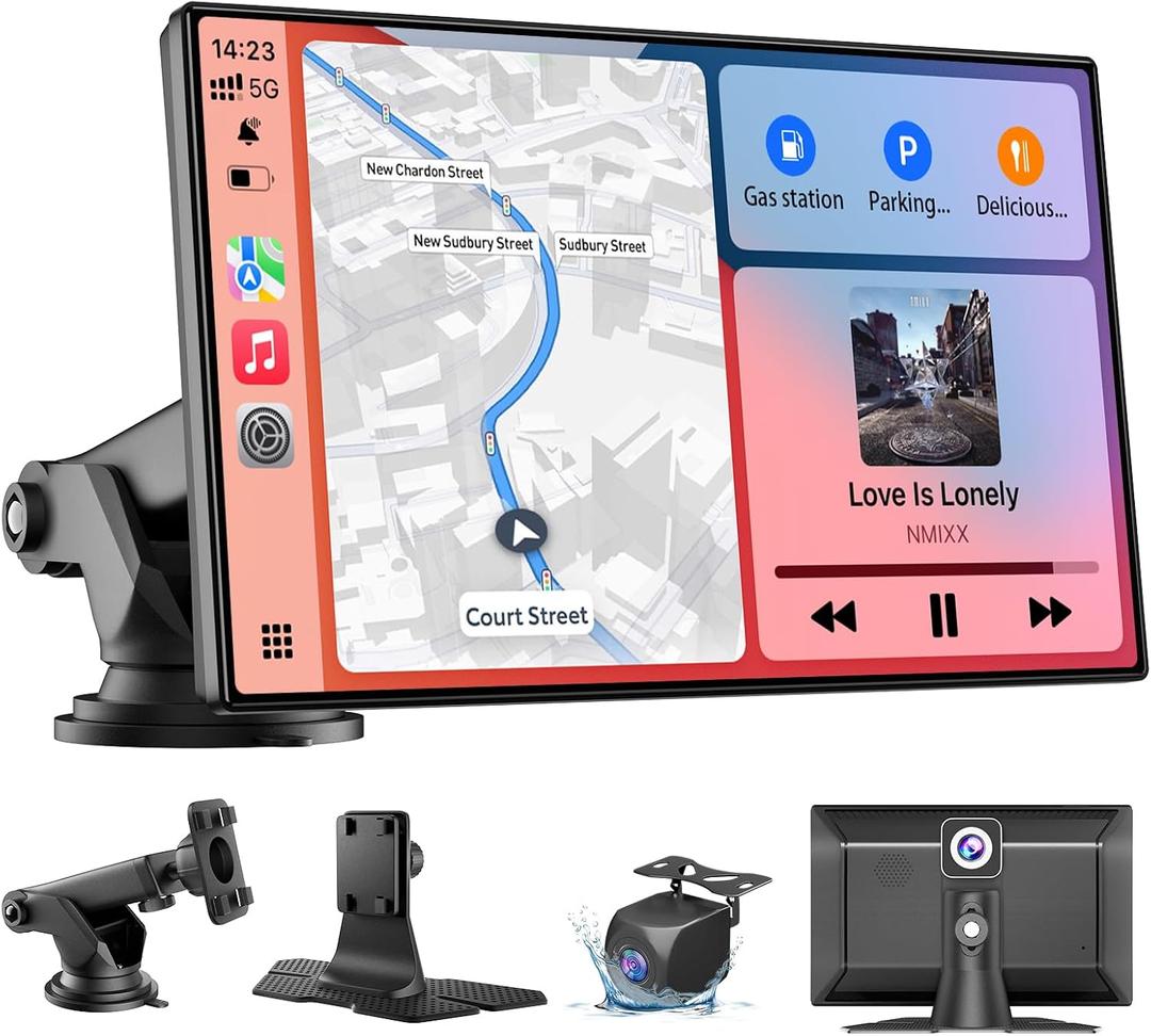 9" Wireless CarPlay & Android Auto Screen with Backup & Dash Cam | Portable CarPlay Screen with Android Auto, GPS Navigation, Backup Camera, BT 5.0, FM, Voice & Mirror Link for Any Car