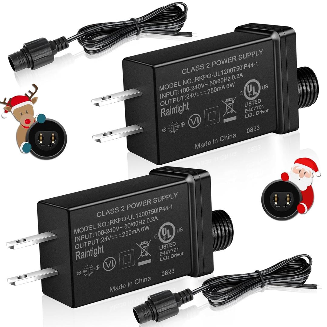 24V 6W Class 2 Power Supply, IP44 Waterproof LED Low Voltage Power Adapter, AC 120V to DC 24V Replacement Yard Inflatable Adapter for LED Strips, Christmas String Light, Indoor Outdoor Light, 2 Pack