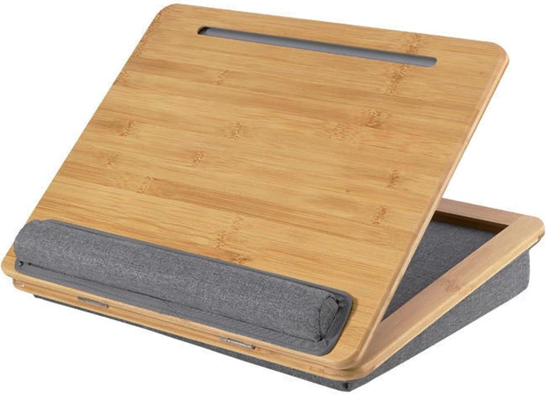 SANJIMO Adjustable Lap Desk for Laptop with Cushion, Bamboo Laptop Stand with AntiSlip Strip Tablet Phone Holder, Fits up to 15.6 inch or 14 inch with Mouse Space