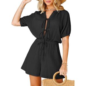 Fixmatti Women Summer Romper - Self Tie V Neck Casual Jumpsuit (Large, Black) Fixmatti Women Summer Romper - Self Tie V Neck Casual Jumpsuit (Large, Black)