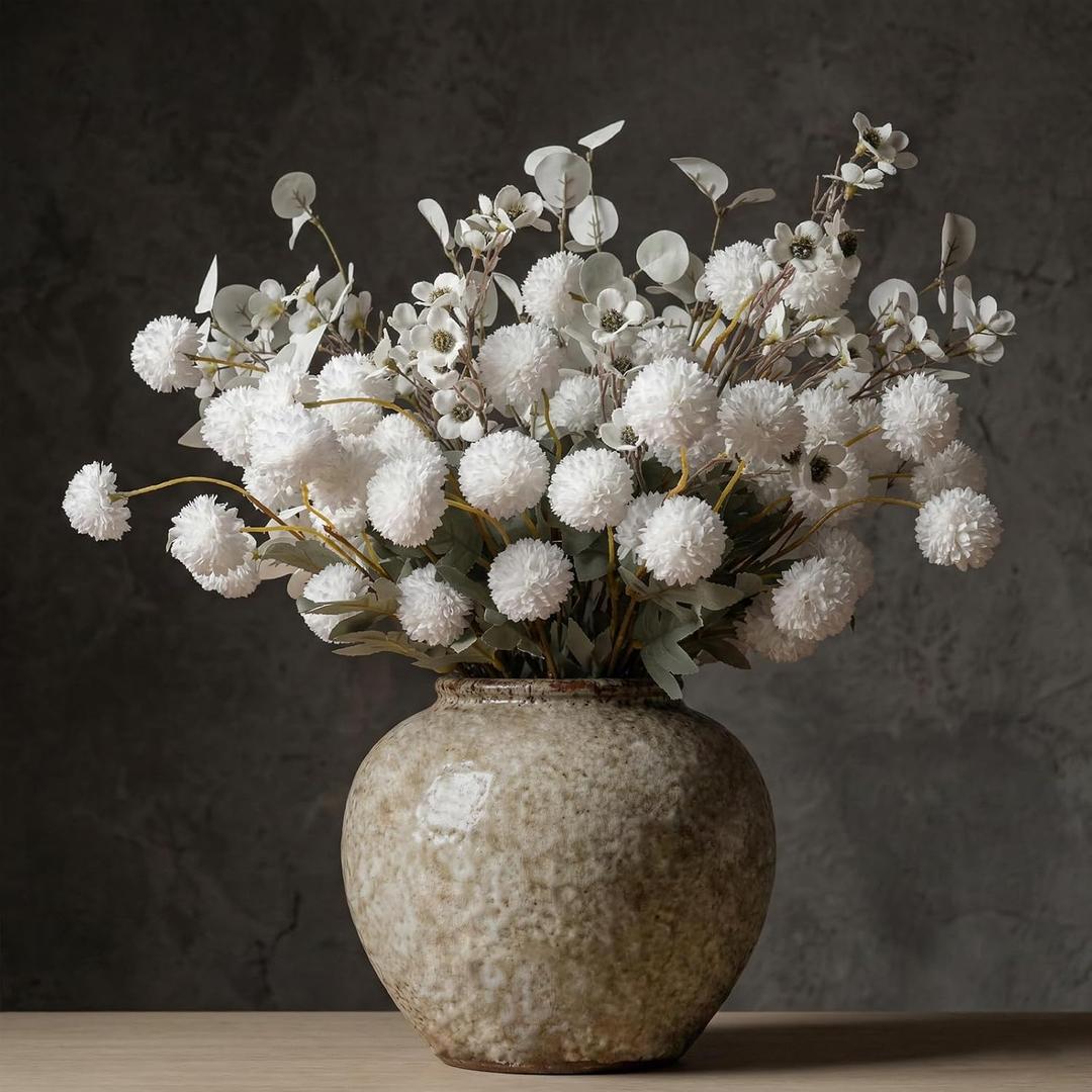 20pcs Faux Flowers for Vase, Beige Artificial Flower Arrangements, Long Stems with Silk Fake Mums, Eucalyptus, Wild Flowers for Table Centerpieces Dining Home Winter Summer(Without Vase)