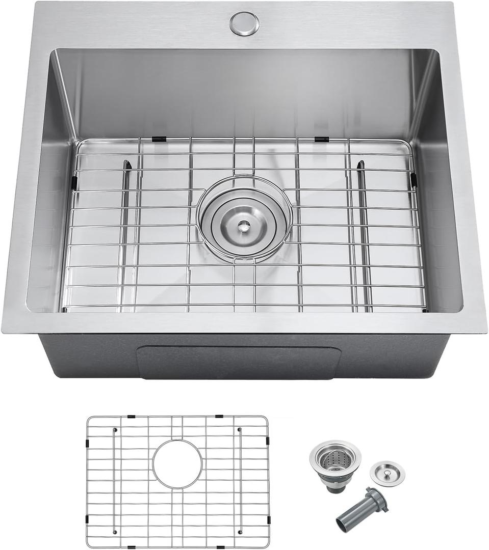 23 Inch Drop in Kitchen Sink Brushed, Stainless Steel Single Hole Single Bowl Topmount Kitchen Sinks with Drain Strainer & Grid, D23"xW18"xH9"