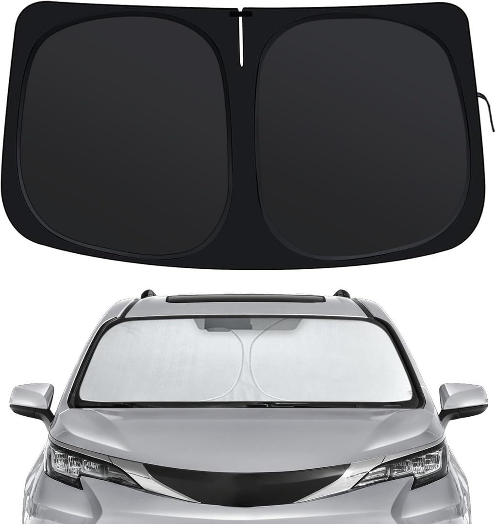 Windshield Sun Shade for Toyota Sienna 2021-2025, Front Window Shades Custom Fit for Sienna, Foldable Car Sun Shield with Steering Wheel Sunshade to Block UV Keep Car Cool