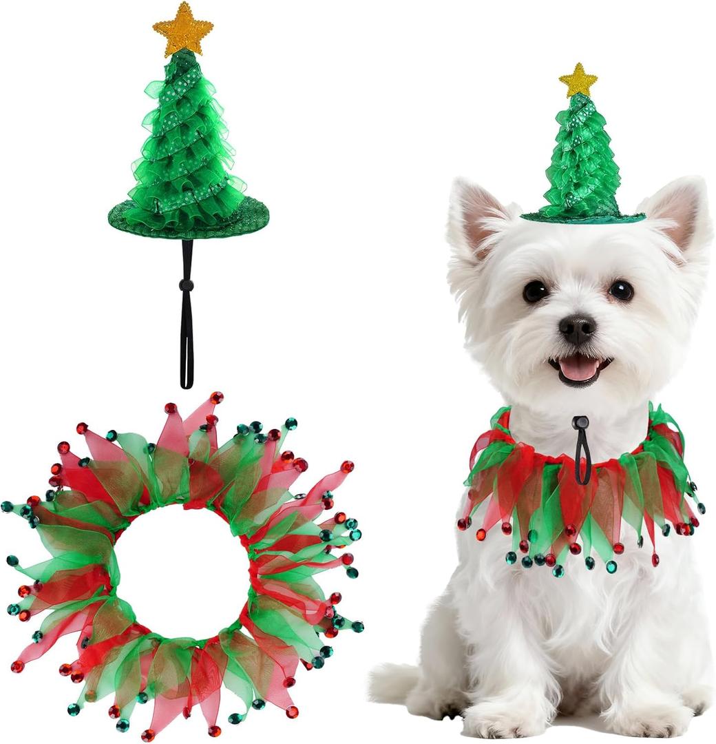 Dog Christmas Outfit Costume Suit, Cat & Small Dog Tutu Collar and Green Shiny Hat Set for Christmas Holiday Birthday Party