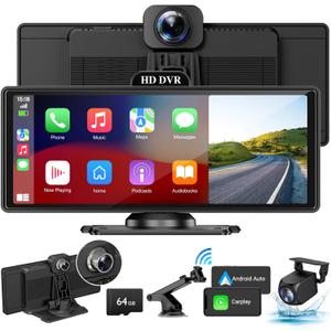 Wireless Apple Carplay Screen for Car with 4K Dash Cam, 10.26" Portable Apple Carplay & Android Auto, HD Touchscren with 1080p Backup Camera, Mirror Link/Voice Control/Music Play/GPS Navigation