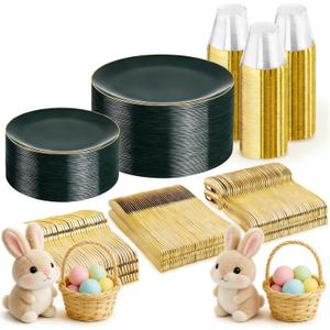 WDF 300Pcs Green Plates Disposable - Heavy Duty Green Plates - 50Guest Green Plastic Dinnerware Include 50 Dinner Plate, 50 Dessert Plate, 150 Cutlery & 50 9oz Cups for Parties/Wedding/Party/Easter